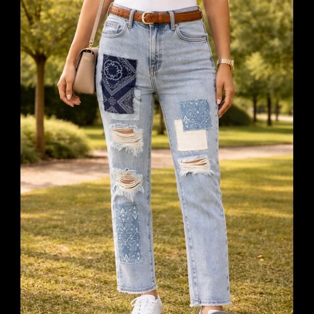Simple Society Womens Patchwork Distressed Straight Leg Jeans Light Wash‎ Size 1